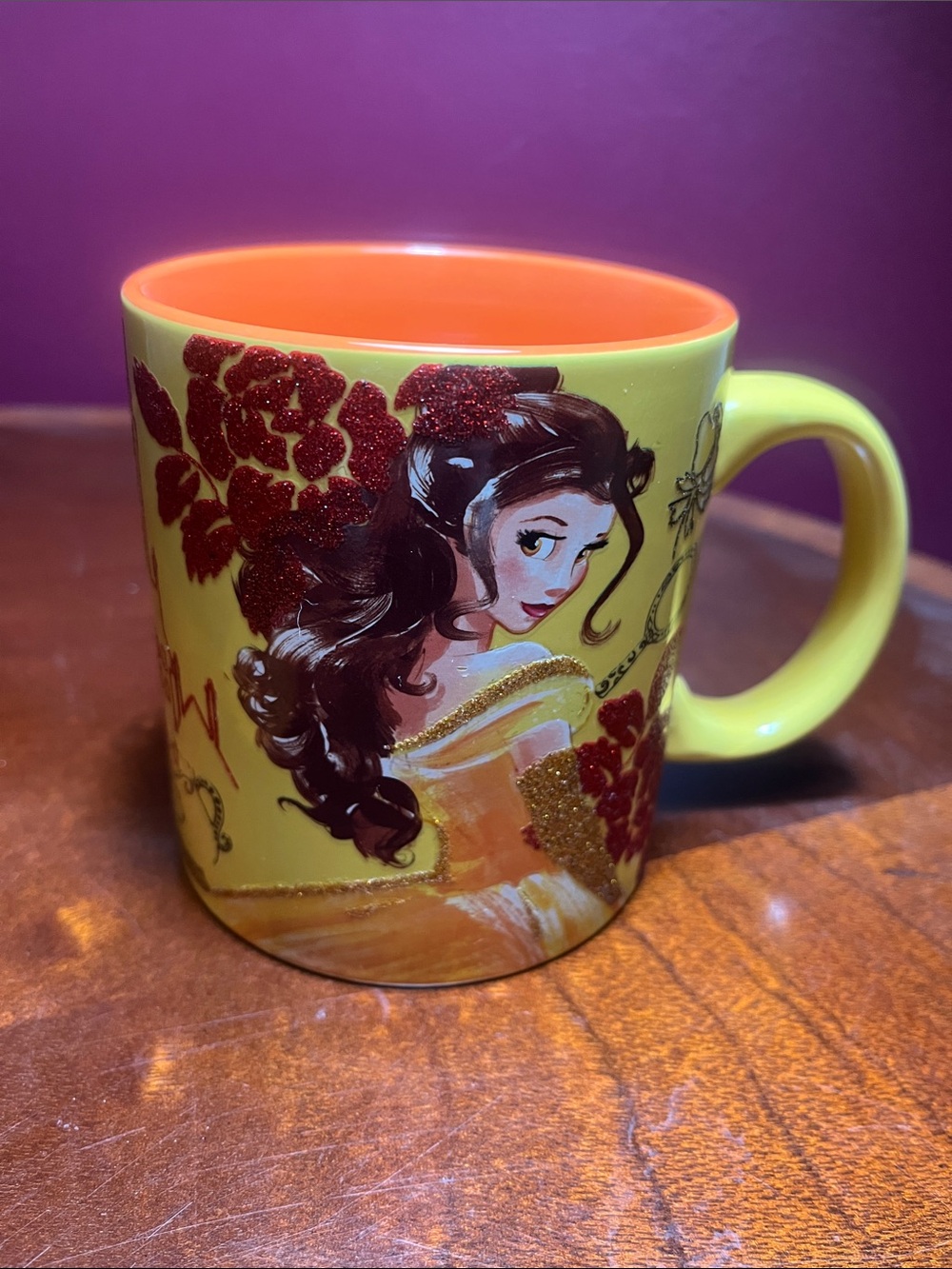 Disney Belle Yellow Ceramic Mug with Red Glitter Accents 20 ounces